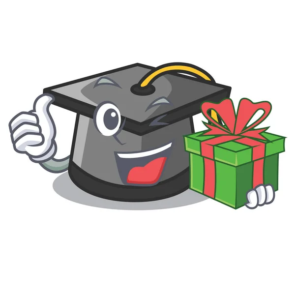 Mit Geschenk Graduierung Hut Maskottchen Cartoon Vektor Illustration — Stockvektor