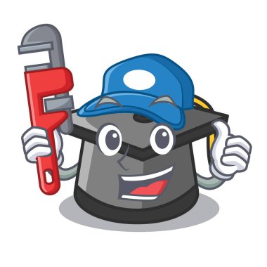 Tesisatçı mezuniyet şapka maskot karikatür vektör çizim