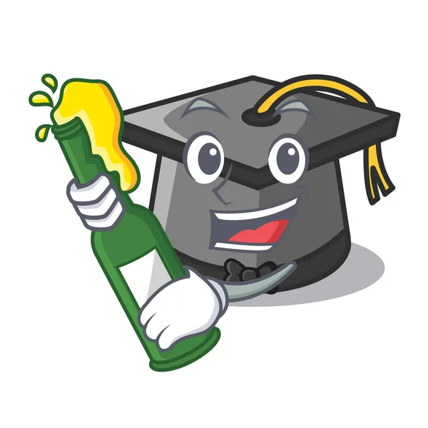 Beer Graduation Hat Mascot Cartoon Vector Illustration — Stock Vector
