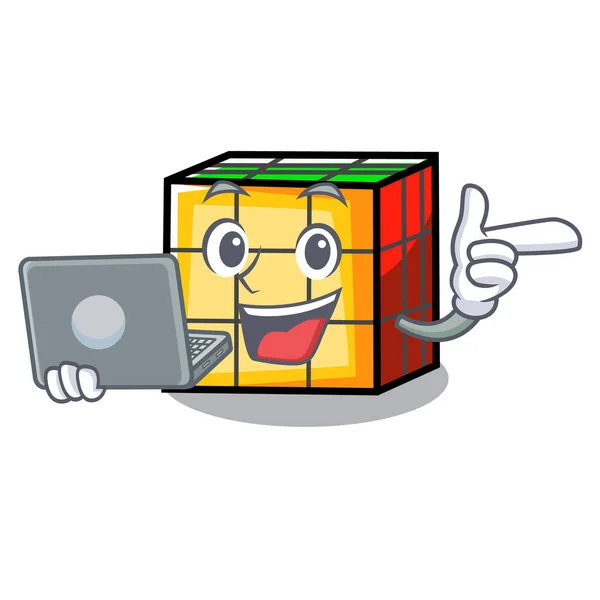 Avec ordinateur portable rubik cube personnage dessin animé — Image vectorielle