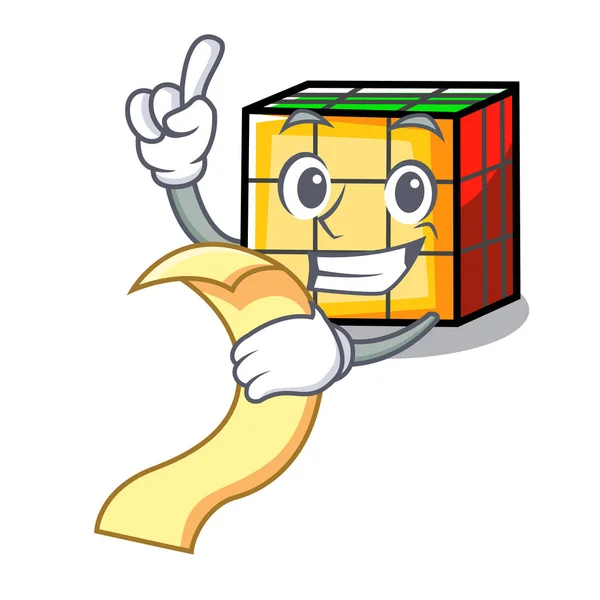 Con menu cubo rubik cartone animato della mascotte — Vettoriale Stock