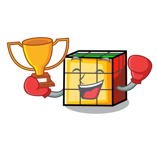 Boxe vencedor rubik cubo mascote cartoon — Vetor de Stock
