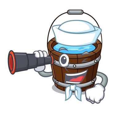 Denizci dürbün tahta kova maskot karikatür ile