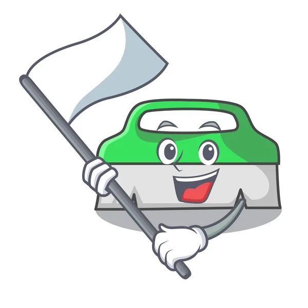 Com bandeira esfoliação escova mascote desenhos animados — Vetor de Stock