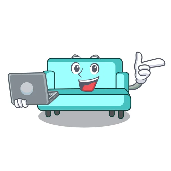 Mit Laptop Sofa Charakter Cartoon-Stil — Stockvektor