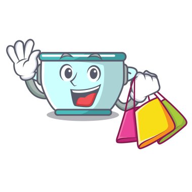 Çelik tencere karakter karikatür alışveriş