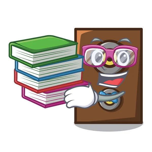 Studente con libro altoparlante mascotte stile cartone animato — Vettoriale Stock