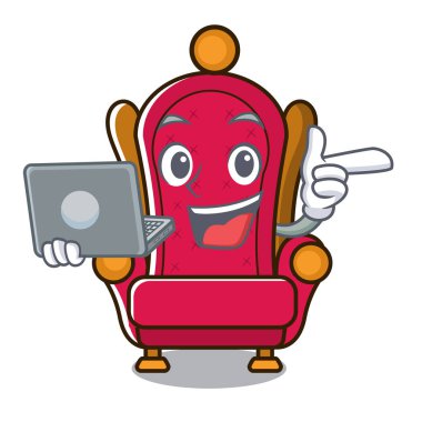 Dizüstü bilgisayar ile kral tahta karakter karikatür vektör çizim