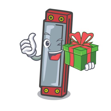 Hediye mızıka maskot karikatür tarzı vektör çizim ile