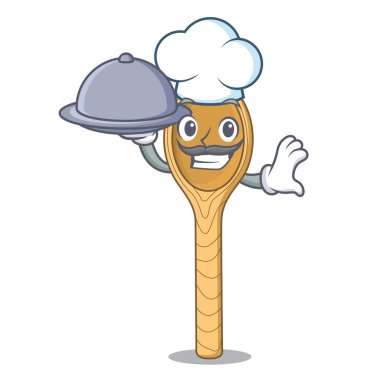 Şef gıda tahta kaşık maskot karikatür vektör çizim ile