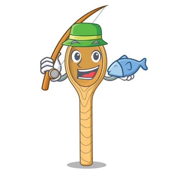 Pesca Colher Madeira Mascote Cartoon Vetor Ilustração — Vetor de Stock