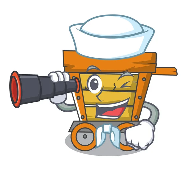 Marinero con carretilla de madera binocular mascota de dibujos animados — Vector de stock
