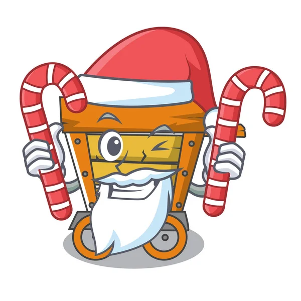 Santa with candy wooden trolley mascot cartoon — Stock Vector