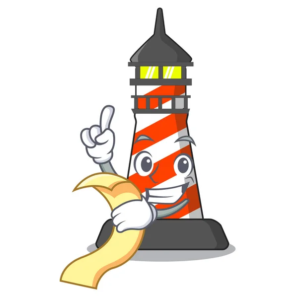 Met menu vuurtoren op het strand-mascotte — Stockvector