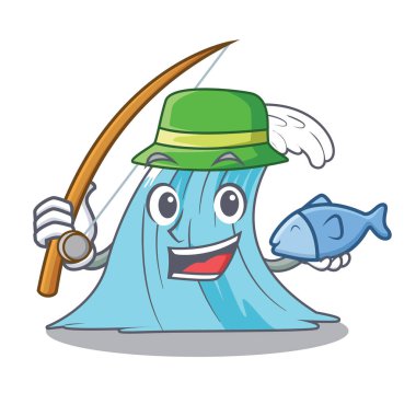 Balık tutma çizgi film mavi dalga sörf vektör çizim