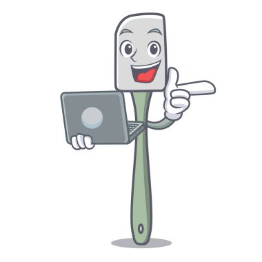 Karakter karikatür vektör çizim yemek pişirmek için dizüstü silikon spatula ile