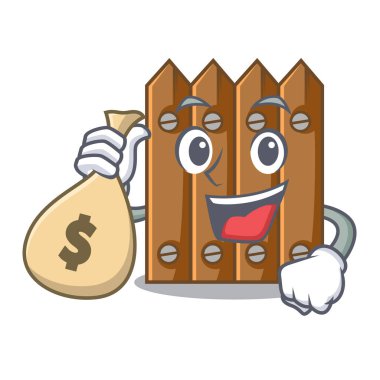 Karakter izole para çantası kahverengi ahşap çit ile