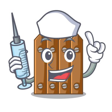 Hemşire karakter ahşap çit kapısını kapat