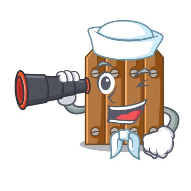 Denizci çim üzerinde dürbün karikatür ahşap çit ile