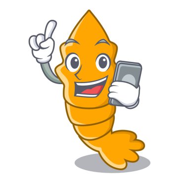 Bir karakter karikatür tarzı vektör çizim üzerinde telefon karides ile