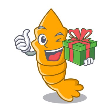 Hediye ile maskot karikatür vektör illüstrasyon izole karides pişmiş