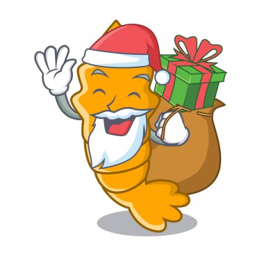 Noel hediye ile taze çiğ karides maskot karikatür vektör çizim üzerinde atmak.
