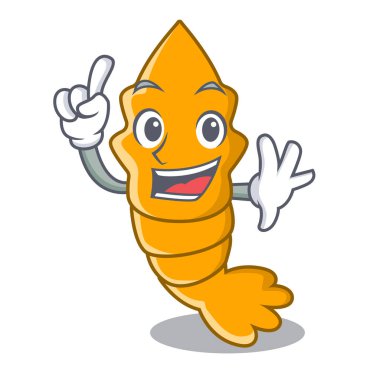 Parmak taze çiğ karides maskot karikatür vektör çizim üzerinde atmak.