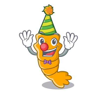 Palyaço maskot karikatür vektör çizim üzerinde taze çiğ karides buğulama