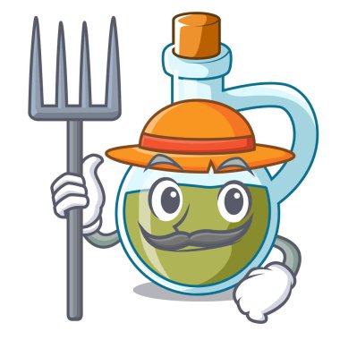 Çiftçi karakter zeytinyağında şişe ahşap vektör çizim