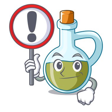 İşareti karakter zeytin yağı ile şişe ahşap vektör çizim