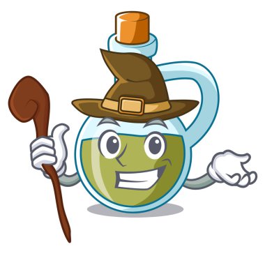 Cadı maskot karikatür taze organik zeytinyağı vektör çizim