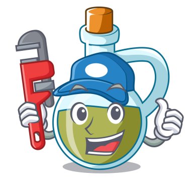 Tesisatçı küçük şişe zeytinyağı maskot vektör çizim
