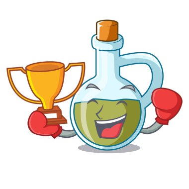 Kazanan küçük şişe zeytinyağı maskot vektör çizim boks