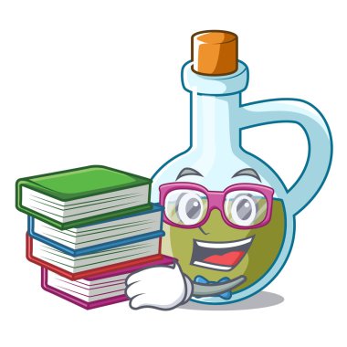 Öğrenci kitap küçük şişe zeytinyağı maskot vektör çizim
