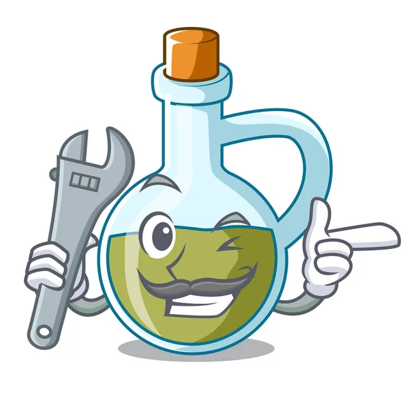 Mechaniker Kleine Flasche Olivenöl Maskottchen Vektor Illustration — Stockvektor