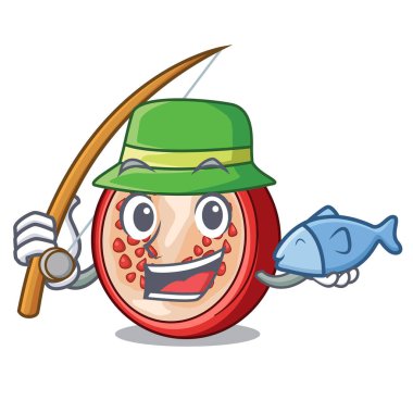 Maskot Balık tutma taze nar meyve yarısı illüstrasyon vektör
