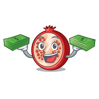 Para maskotu ile taze nar meyve yarısı illüstrasyon vektör