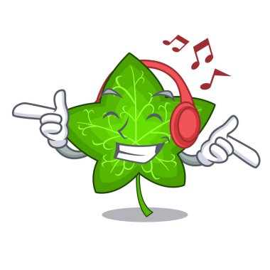 Dinleme müzik taze yeşil sarmaşık yaprağı maskot karikatür vektör çizim