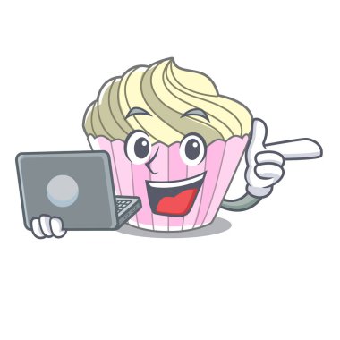 Dizüstü kek kremayla ile karakter karikatür vektör çizim içinde