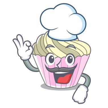 Şef ev yapımı beze pasta üzerinde karakter karikatür vektör çizim