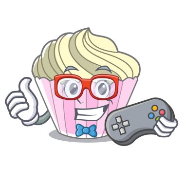 Oyun tatlı beze pasta maskot karikatür vektör illüstrasyon izole