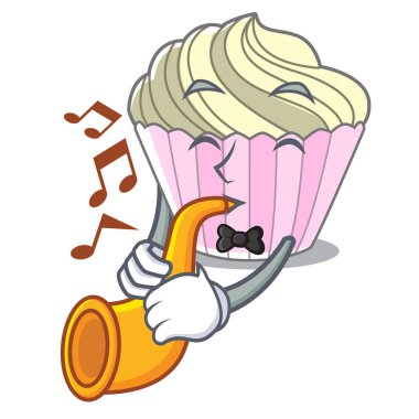Tatlı beze pasta izole maskot karikatür vektör çizim trompet ile