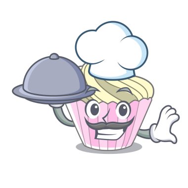 Şef yemek tatlı beze pasta ile maskot karikatür vektör illüstrasyon izole