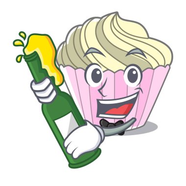 Bira nefis kremalı pastaya maskot karikatür vektör çizim ile