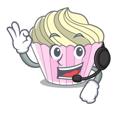 Kulaklık nefis kremalı pastaya maskot karikatür vektör çizim ile