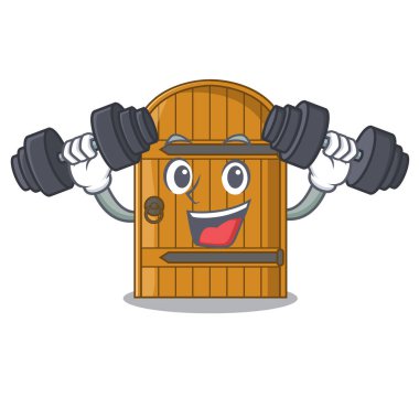 Fitness karikatür ahşap kapı masif kapalı kapı vektör çizim