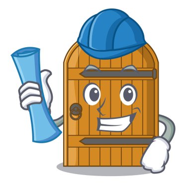 Ahşap kapı üzerinde karakter karikatür vektör illüstrasyon izole mimar