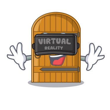 Sanal gerçeklik büyük ahşap kapı karikatür sapı vektör çizim ile
