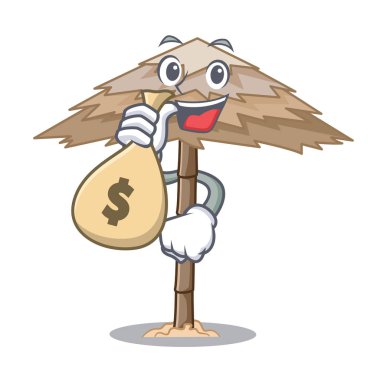 Para çantası plaj barınak binalar ile palm karikatür vektör çizim ile