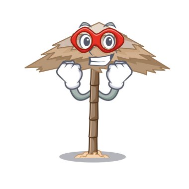 Süper kahraman karakter tropikal kum plaj barınak resort vektör çizim